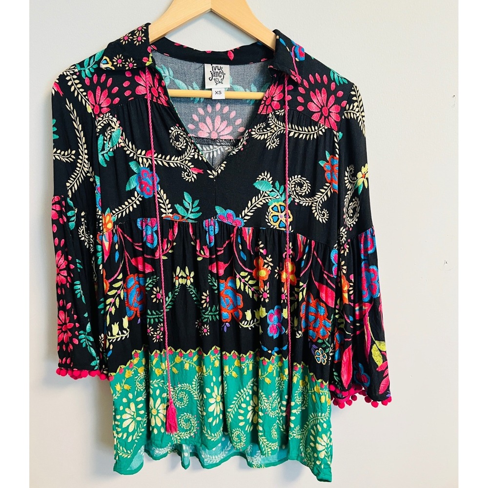 Ivy Jane Floral Babydoll Peasant Top XS Black Boho Sleeve Pom Pom Tassel